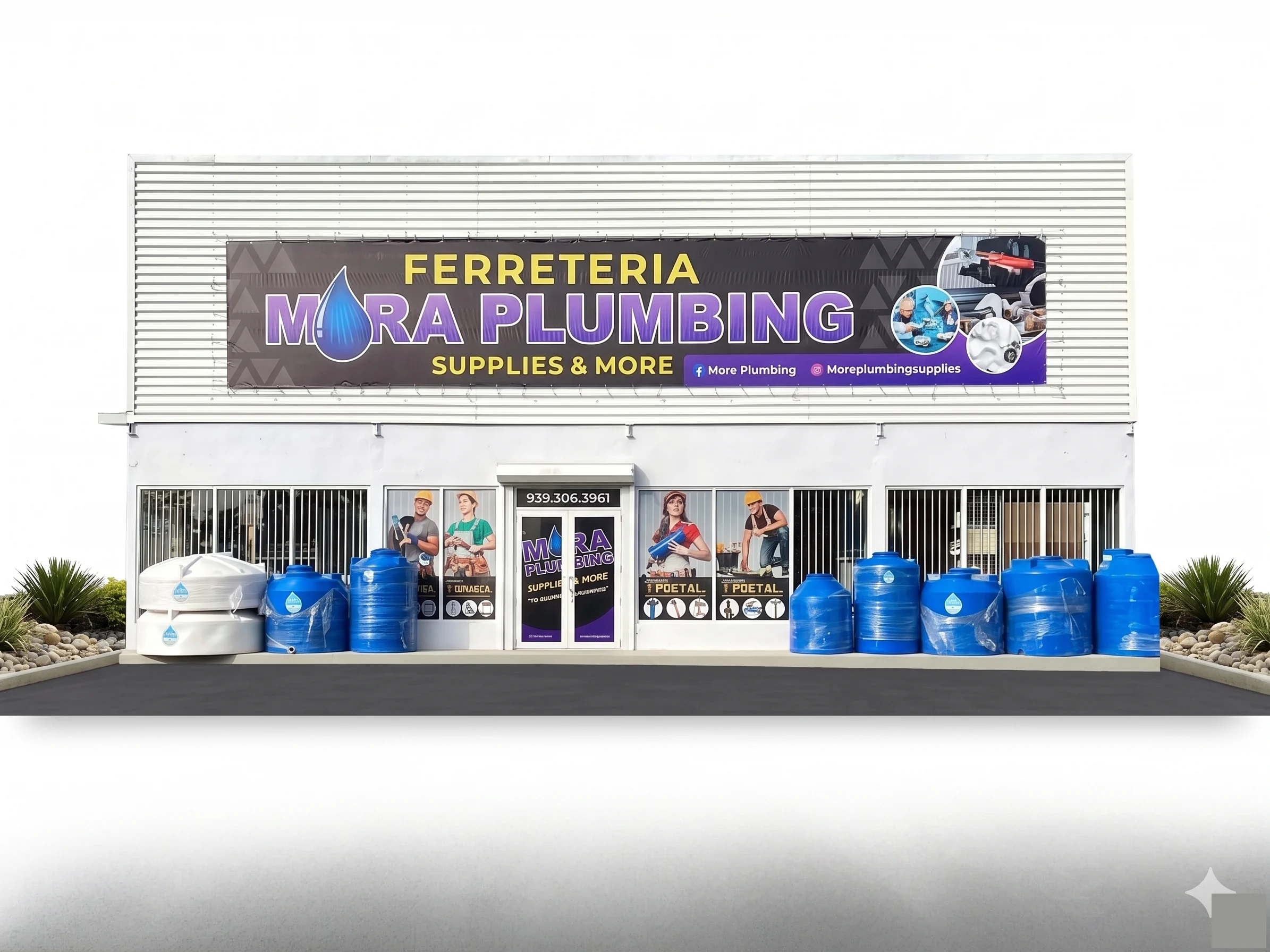 Ferretería Mora Plumbing — local en Caguas con tanque Aquaplástica al frente